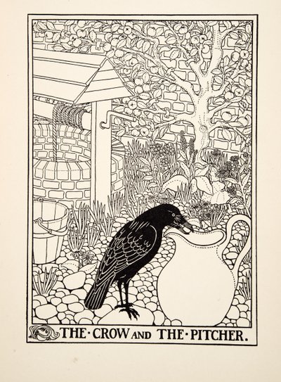 The Crow and the Pitcher，来自阿索普的一百个寓言，pub.1903 作者 珀西·比林斯赫斯特（Percy J.