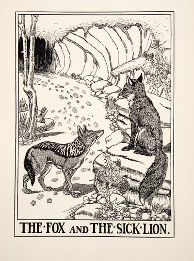 狐狸和病狮》，选自《伊索的一百个寓言》，1903年出版（版画）。 作者 珀西·比林斯赫斯特（Percy J.