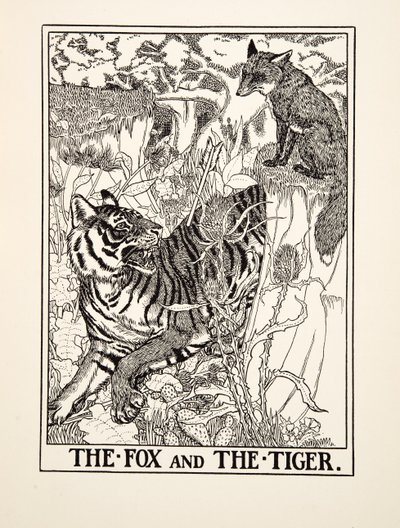 狐狸和老虎，选自《伊索百家寓言》，1903年出版（雕刻）。 作者 珀西·比林斯赫斯特（Percy J.