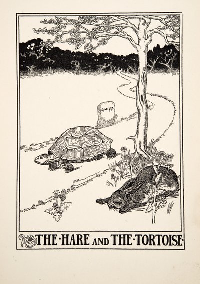 野兔和乌龟，来自阿索普的一百个寓言，pub.1903 作者 珀西·比林斯赫斯特（Percy J.