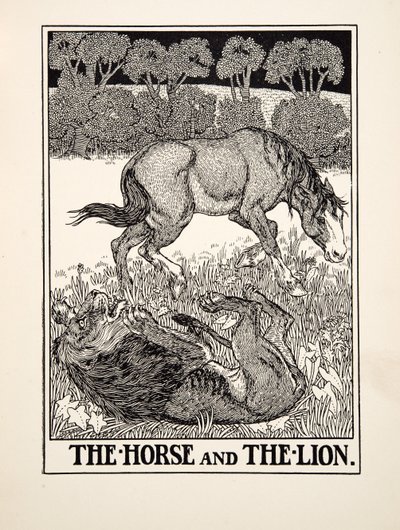 马和狮子，来自阿索普的一百个寓言，pub.1903 作者 珀西·比林斯赫斯特（Percy J.