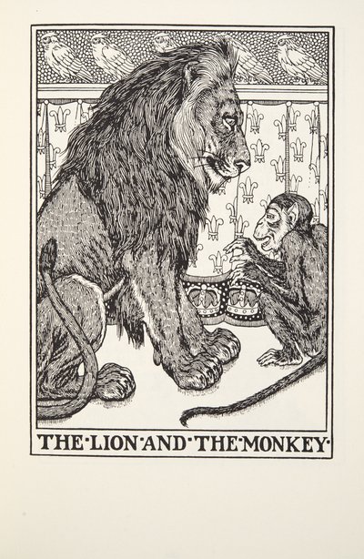狮子和猴子，来自Fontaine Fables，酒吧。 1905年 作者 珀西·比林斯赫斯特（Percy J.