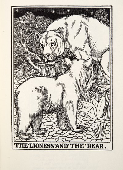The Lionness and the Bear，来自Fontaine Fables，酒吧。 1905年 作者 Percy J. Billingshurst