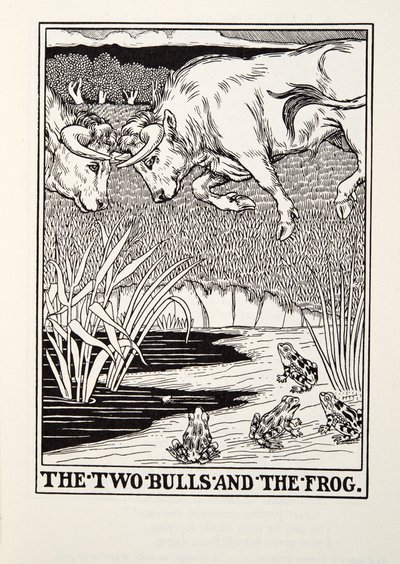 两只公牛和青蛙，来自Fontaine Fables，酒吧。 1905年 作者 Percy J. Billingshurst
