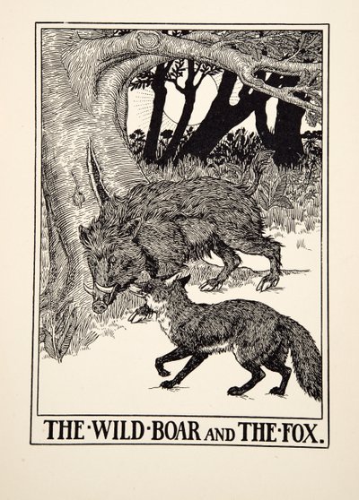 野猪和狐狸，选自《伊索的一百个寓言》，1903年出版（雕刻）。 作者 珀西·比林斯赫斯特（Percy J.