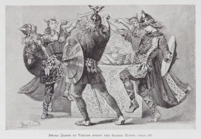 跳舞：维京人围绕圣角的剑舞，大约 900 年（石版画） 作者 珀西·麦考德（Percy Macquoid）