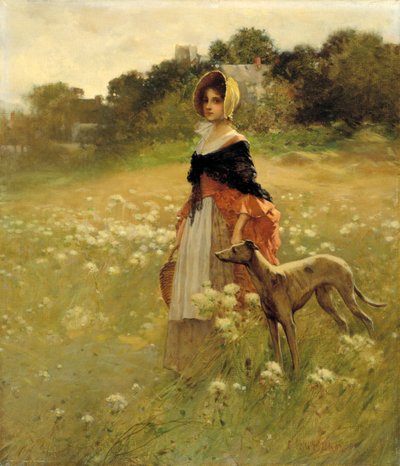 年轻女孩和狗，1890年。 作者 珀西·莫兰