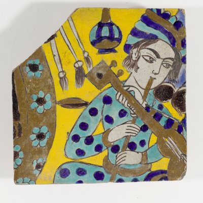 17世纪晚期的Safavid Persia cuerda seca陶砖，描绘了一个男人在头巾中演奏长笛 作者 波斯学校