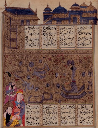 Add 19766 fol.342 达尔在聆听音乐家的演奏，选自 "Kharvarnama"。 作者 波斯学校