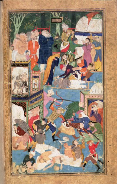 Add 22703 fol.52v 1387 年伊斯法罕被攻陷，展示了帖木儿军队的抢劫、掠夺和谋杀。 作者 波斯学校