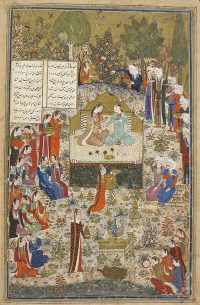 添加 Ms 18113 f.406 Humay 和 Humayun，被随从簇拥的恋人，选自基尔马尼的 "三首诗"，巴格达 作者 波斯学校