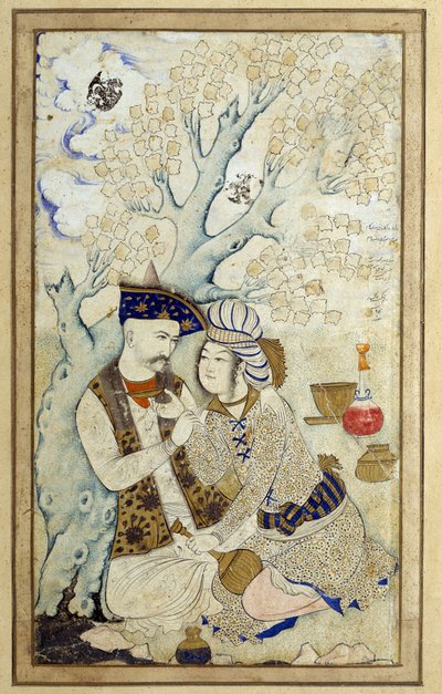 Art Islam: Portrait of Shah Abbas I embracing one of his pages. Persian drawing of 1672. Dim: 0,16 x 0,27m. Paris, Musee Du Louvre 作者 波斯学校