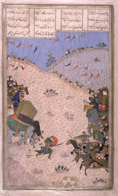 Bahram Chubina，他的大象Slain，徒步战斗，Shahnama（国王之书）插图，Abul-Qasim Manur Firdawsi（c.934-c.1020）c.1440-45（笔，墨水和wc在牛皮纸上） 作者 波斯学校