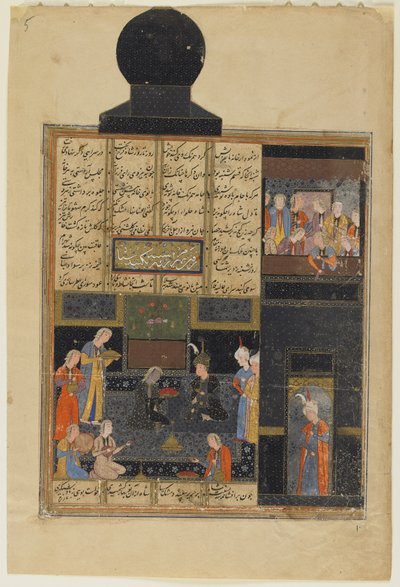 巴赫拉姆·古尔（Bahram Gur）和《黑亭子》（Black Pavilion）中的公主，出自尼扎米（Nizami）的康萨（Quintet），约1550年（纸上不透明的水彩，墨水和金色） 作者 波斯学校