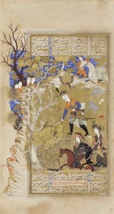 巴赫拉姆-古尔从两头狮子中间夺取王冠，约 1630 年（纸面不透明水彩和墨水） 作者 波斯学校
