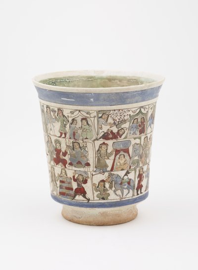 描绘“ Shahnama”的烧杯，伊朗喀山，Saljuq时期，十二世纪末（釉下和釉上涂有搪瓷的石浆） 作者 波斯学校