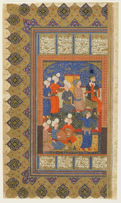由菲尔达西（Firdawsi）从沙纳玛（Shahnama）（列王记）登基的朝臣，约1590至1600年（墨水，不透明水彩和纸上金） 作者 Persian School