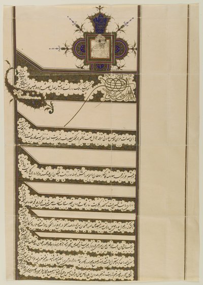 Firman（皇家法令），印有Muzaffar al-Din Shah Qaja的印章，1897年（纸上的墨水和黄金） 作者 波斯学校