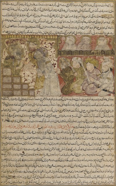 来自巴拉米的Tarikhnama（历史书）的对开：奥斯曼选举到麦地那的哈里发，c.1300（不透明的水彩，墨水和纸上的金） 作者 Persian School