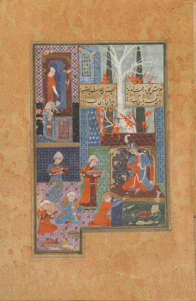 来自雅米的诗歌（收集的诗歌）由雅米（d.1492）;王子和服务员（不透明的水彩，墨水和金纸） 作者 波斯学校
