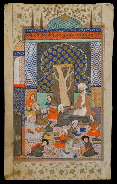 Nizami的Khamsa（五重奏）的Folio;正面：Layla和Majnun在学校，伊朗，萨法维时期，c.1600-10（不透明的水彩，墨水和金在纸上） 作者 Persian School