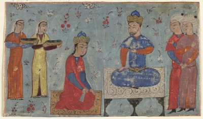 来自Firdawsi的Shahnama（国王之书）的Folio（第1020页）; recto：Sindukht Sam，Sam之前（不透明的水彩，墨水和纸上的金色） 作者 波斯学校