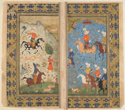 来自Firdawsi的Shahnama（国王书）的Folio;皇家狩猎，伊朗，1590-1600（不透明的水彩，墨水和黄金在纸上） 作者 波斯学校