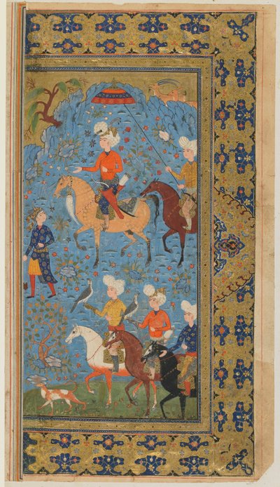 来自Firdawsi的Shahnama（国王书）的Folio;皇家狩猎，伊朗，1590-1600（不透明的水彩，墨水和黄金在纸上） 作者 波斯学校