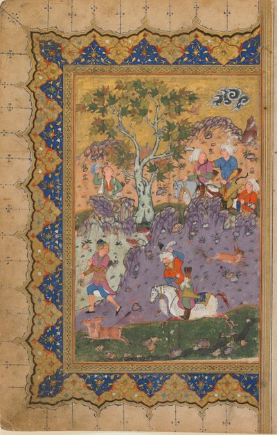 来自不明文本的Folio;正面：狩猎王子，伊斯法罕，伊朗，c.1600（不透明的水彩，墨水和黄金在纸上） 作者 波斯学校