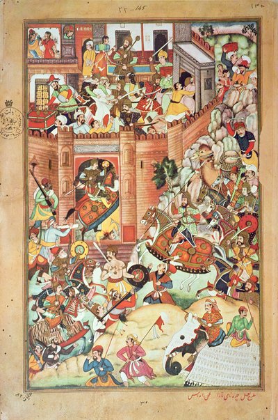 成吉思汗占领了一个中国城镇，这是 1596 年完成的“成吉思汗波斯史”的缩影 作者 波斯学校