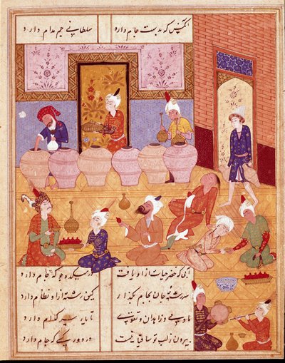 伊斯兰艺术：“与音乐家的宴会”” 展示波斯诗人哈菲兹（Hafiz Shirazi）诗歌的缩影，波斯手稿。 1554 San Lorenzo de El Escorial，马德里埃斯科里亚尔修道院皇家图书馆 作者 波斯学校