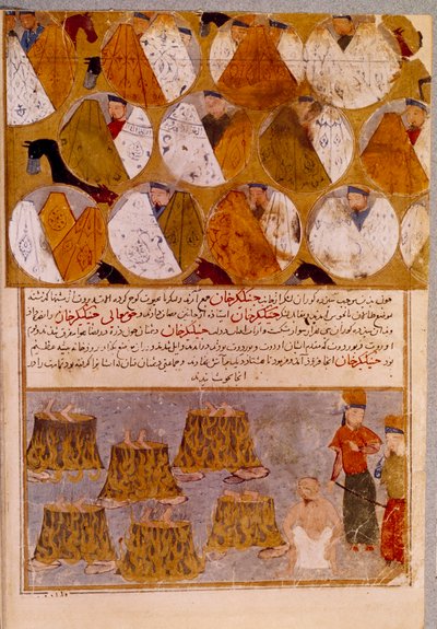 Mongolian tents and prisoners of Genghis Khan (1162-1227): Genghis Khan has the followers of Djamuqua, a Mongol of the Jadjirat tribe thrown into the cauldrons. Persian miniature taken from “” Jami al-tawarikh”” (Jami al tawarikh) or “” Universal History”” 作者 波斯学校