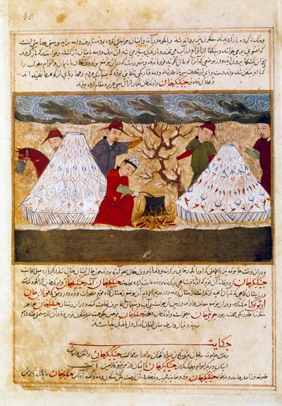 蒙古人烹饪波斯微缩模型，取自历史学家 Rashid al-din (al din) (1247-1318) 的“Jami al-tawarikh”（Jami al-tawarikh）或“普遍历史”，大约 1430 年。巴黎，B.N. 作者 波斯学校