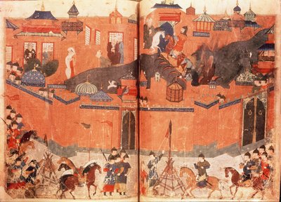 Ms.Sup.Pers.1113.f.180v-181 蒙古人在胡拉古汗的领导下于 1258 年攻打并占领巴格达，摘自 Rashid al-Din (1247-1318) 的著作（牛皮纸） 作者 波斯学校