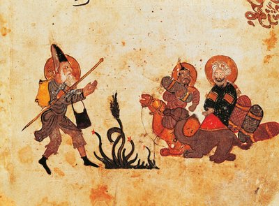Ar 3929 f.69，Abu Zayd在伊拉克北部的朝圣期间离开Al-Harith，来自Al Maqamat（会议），哈里里在13世纪的第二季（牛皮纸上的水粉画）说明（见 作者 波斯学校