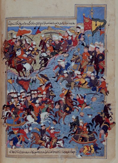或 5736 fol.122v 帖木儿（1336-1405 年）与 Tuqtamish Khan 于 1395 年的战争，出自土耳其 Mirkhvand 的《Rawzat al-Safa》。 作者 波斯学校