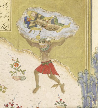 波斯语239 fol.165b详情：div Akvan举起沉睡的Rustam，来自Shahnama（国王之书）的插图，由Abul-Qasim Mansur Firdawsi（c.934-c.1020），1444 作者 波斯学校