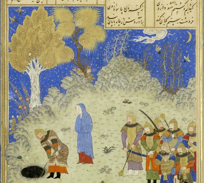 波斯语239 fol.180a详细信息：鲁斯塔姆从坑中救出B？zhan，从Shahnama（国王书）的插图中获救，由Abul-Qasim Mansur Firdawsi（c.934-c.1020），1444 作者 波斯学校