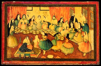 波斯女士社交聚会，书籍封面的一半，伊朗，19世纪（彩色纸和黄金和墨水） 作者 波斯学校