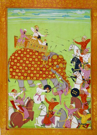 穆拉德 (Mourad) Baksh (1624-1661) 的代表，莫卧儿皇帝沙杰汗（或沙杰汗，沙杰汗）的儿子在大象上战斗。 17 世纪巴黎的波斯缩影，B.N. 作者 波斯学校