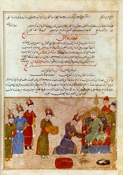奥戈代汗（1186-1241）的代表，他是成吉思汗的儿子。波斯语缩影，取自历史学家拉希德-丁（al din）（1247-1318年）的 "Jami al-tawarikh"（Jami al tawarikh）或 "世界历史"，约1430年。巴黎，B.N. 作者 Persian School