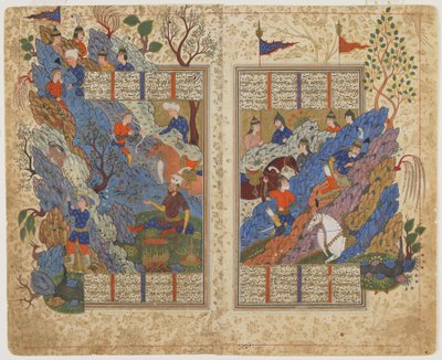 鲁斯塔姆（Rustam）放回巴哈曼（Bahman）从沙哈纳玛（Shahnama）（列王记）滚落在他身上的石头，约1590年至1600年（墨水，不透明水彩和纸上金） 作者 波斯学校