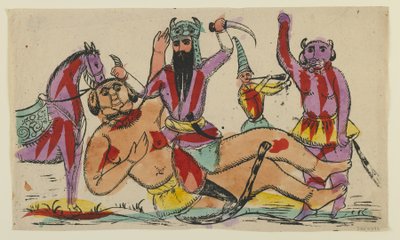 鲁斯塔姆杀死傣族人，19 世纪末（手绘石版画） 作者 波斯学校