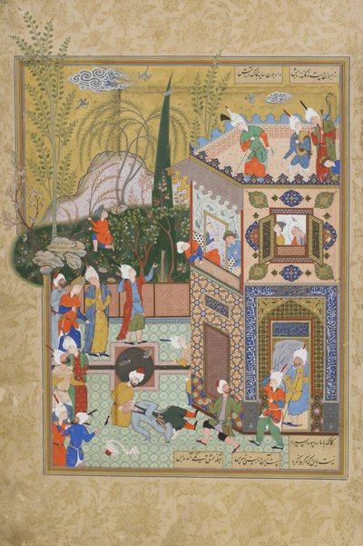The Fickle Old Lover被屋顶击倒，来自Jaf（1849年）的Haft awrang（七个王座）的作品集可能是Mashad，伊朗Khurasan，Safavid王朝，1556-1565（墨水，不透明水彩和金色） 作者 波斯学校