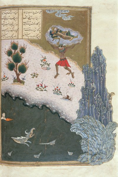 沉睡的Rustam由恶魔Akwan携带，来自Shahnama（国王书）的插图，由Abul-Qasim Manur Firdawsi（c.934-c.1020）c.1440-45（笔，墨水和wc在牛皮纸上） ） 作者 波斯学校