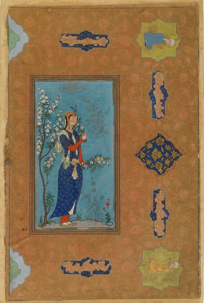 女人用鲜花喷雾，萨法维时期，1575年（wc＆黄金在纸上） 作者 波斯学校