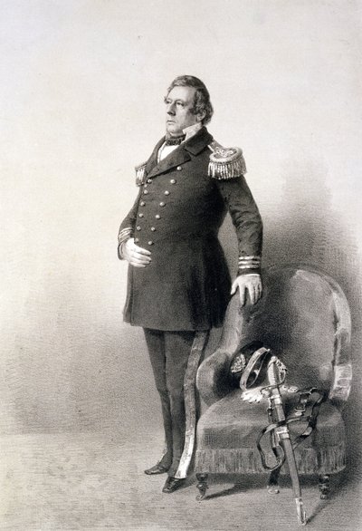 来自“日本远征中的图形场景”的Commodore Matthew Calbraith Perry（1794-1858），由P. Haas雕刻，1856年出版（照相凹版） 作者 彼得·伯恩哈德·威廉·海涅