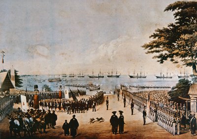 1854 年 3 月 8 日，佩里准将抵达日本，在横滨会见帝国专员 作者 彼得·伯恩哈德·威廉·海涅