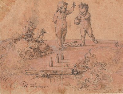 两个孩子在玩球，1500-1546年。 作者 彼得·弗洛特纳