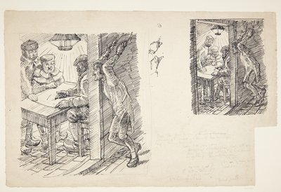 汉斯-马德森（Hans Madsen）神父的两张草稿，他被拇指吊起，聆听敌人的劝告 作者 彼得·汉森